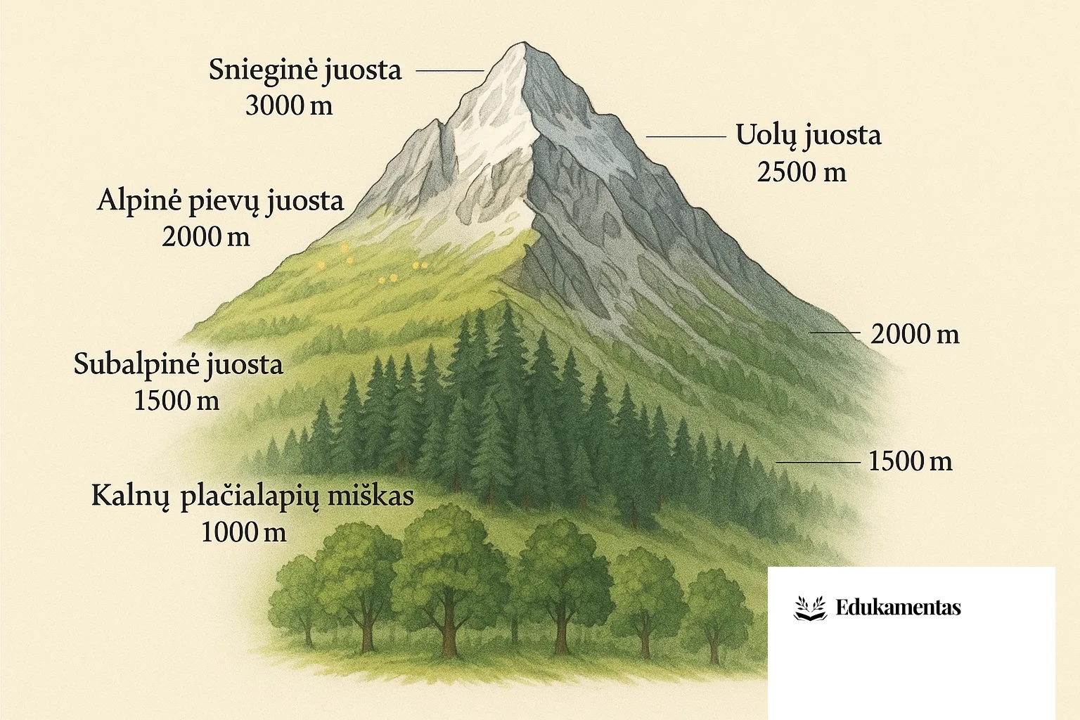 Detali kalno schema, kurioje aiškiai atskirtos ir pavadintos aukštuminės juostos, nurodytas apytikslis aukštis ir pavaizduota būdinga augalija (pvz., apačioje – platžialapiai medžiai, aukščiau – spygliuočiai, dar aukščiau – pievos, galiausiai – uolos ir sniegas).