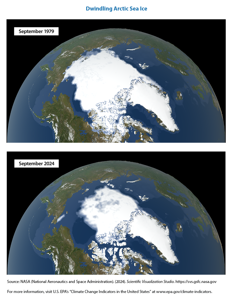 Palydovinės nuotraukos - grafikas, lyginantis minimalų Arkties jūros ledo plotą (rugsėjo mėn.) 1980 m. ir dabar. Skirtumas yra dramatiškas