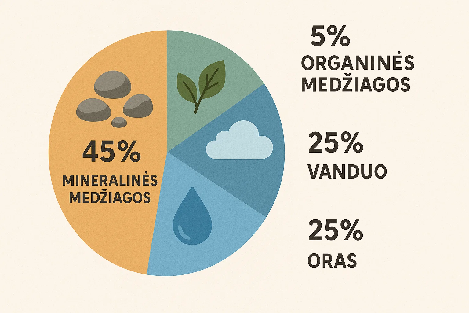 Infografikas, vaizduojantis skritulinę diagramą, padalintą į keturias dalis: 45% mineralinės medžiagos, 5% organinės medžiagos, 25% vanduo, 25% oras. Kiekvienas sektorius iliustruotas atitinkamais simboliais (akmenukai, lapeliai, vandens lašas, debesėlis
