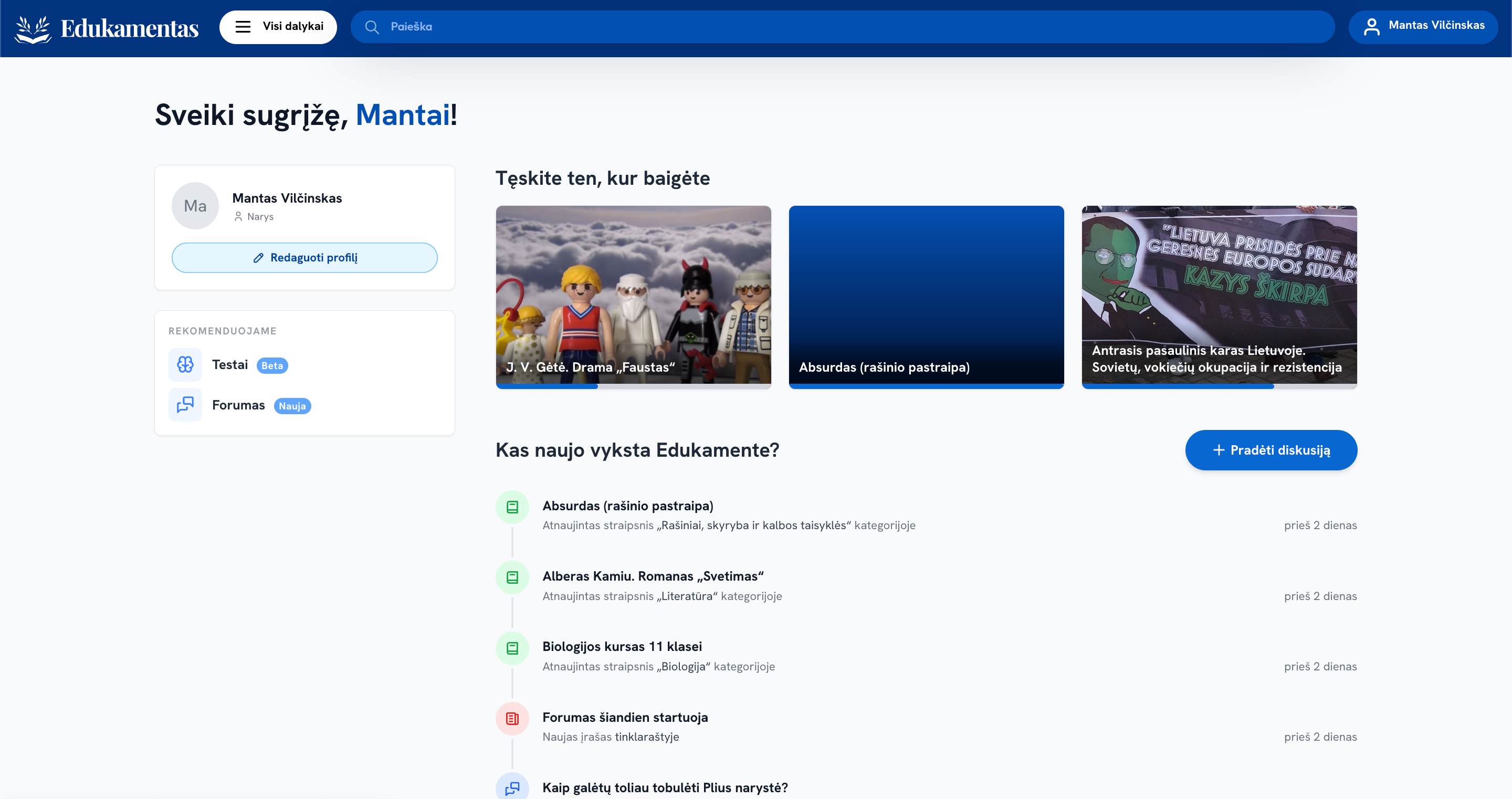 Naujas pradinis puslapis prisijungusiems lankytojams