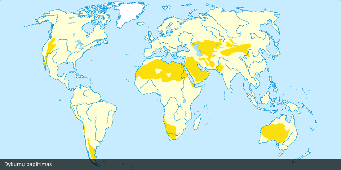 Pasaulio žemėlapis, kuriame išryškintos pagrindinės dykumų zonos.