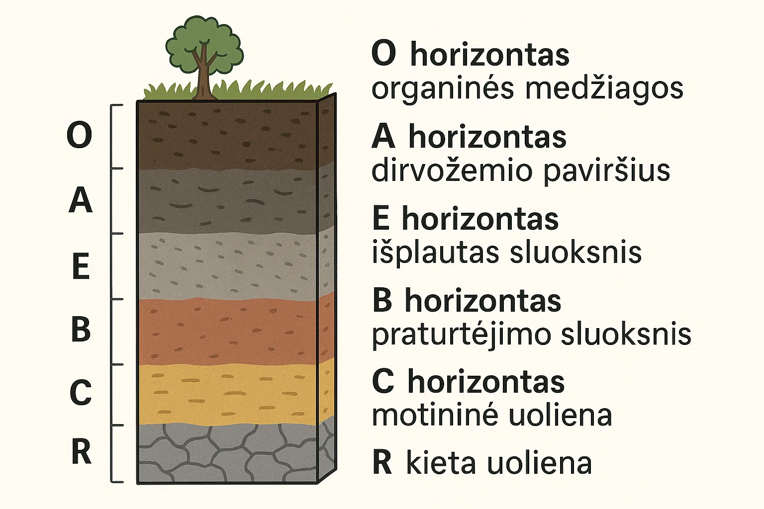 Aiškus, schematiškas dirvožemio profilio piešinys. Kairėje pusėje surašytos raidės (O, A, E, B, C, R), o dešinėje – kiekvieno horizonto pavadinimas ir trumpas aprašymas. Horizontai nuspalvinti būdingomis spalvomis