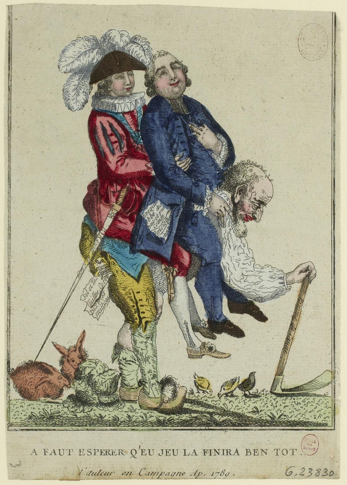 Prancūzijos trijų luomų karikatūra, vaizduojanti valstietį, ant savo nugaros nešantį dvasininką ir bajorą.