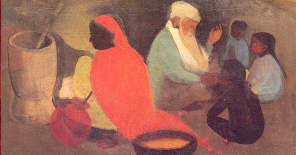 Paveikslas, kuriame senas vyras pasakoja kažką vaikams