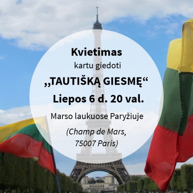 Skelbimas giedoti  „Tautišką giesmę“ liepos 6-ąją Paryžiuje.