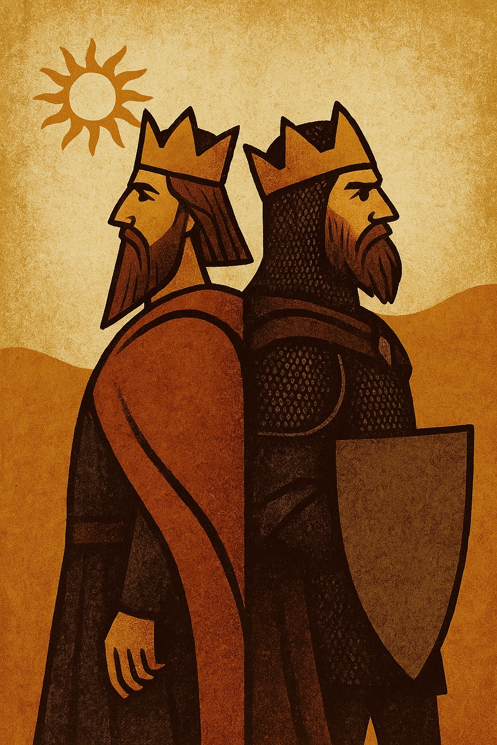 Stilizuotas piešinys, vaizduojantis du karalius, stovinčius nugara į nugarą ir žvelgiančius į skirtingas puses – rytus ir vakarus.