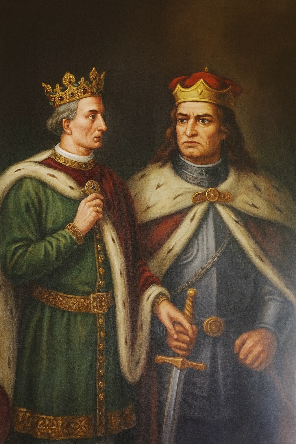 Meninis Vytauto Didžiojo ir Jogailos atvaizdas, kuriame atsispindi jų sudėtingi santykiai.