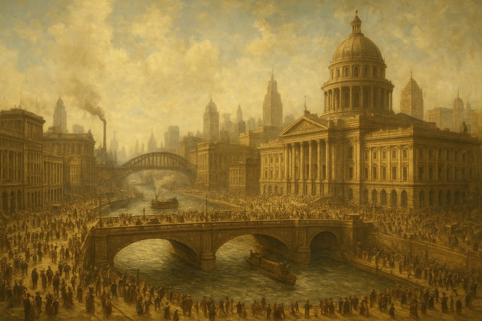 Didžiulis, klestintis miestas su marmuro pastatais, tiltais ir daugybe žmonių.